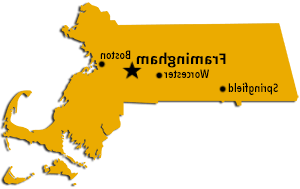 麻萨诸塞州 map showing Framingham relative to Boston, Worcester, and Springfield